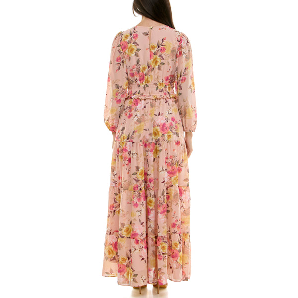 Gabby Skye MAISON TARA THREE TIERED MULTI FLORAL PRINT MAXI DRESS BLUSH MULTI