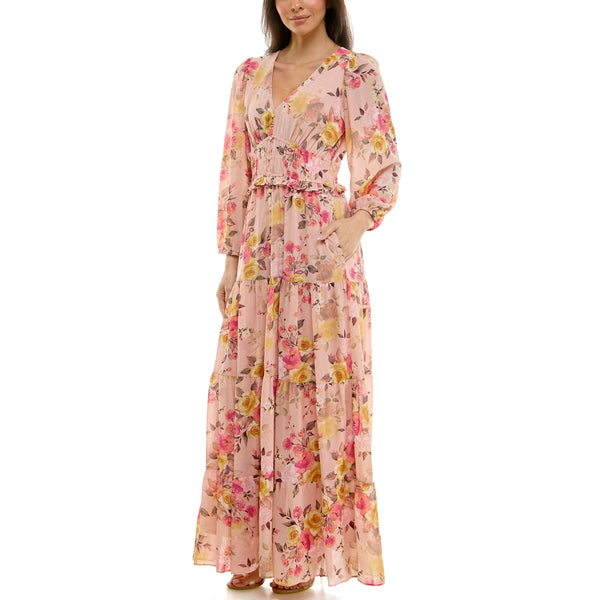 Gabby Skye MAISON TARA THREE TIERED MULTI FLORAL PRINT MAXI DRESS BLUSH MULTI