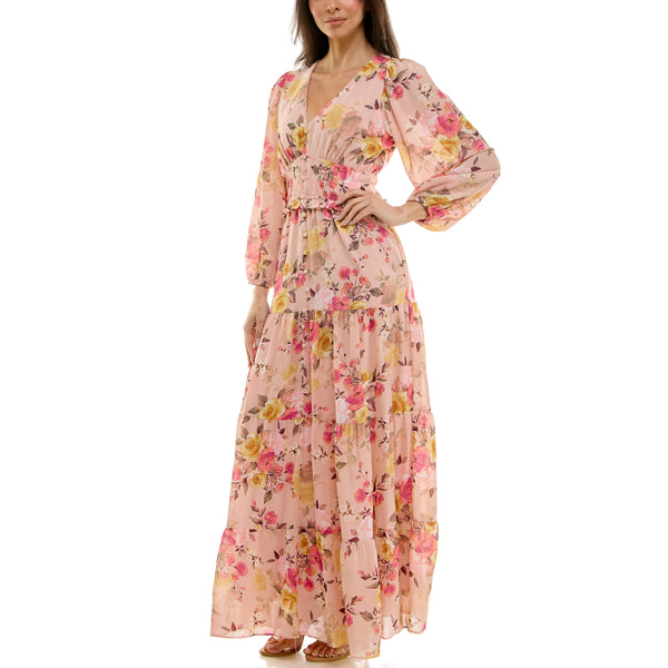 Gabby Skye MAISON TARA THREE TIERED MULTI FLORAL PRINT MAXI DRESS BLUSH MULTI