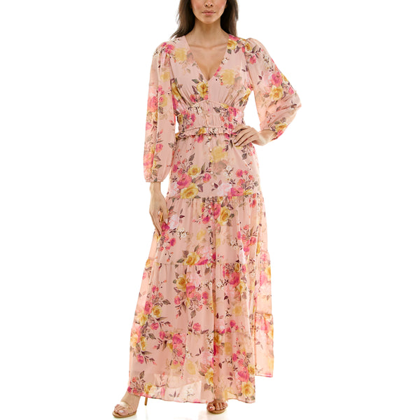 gabby skye MAISON TARA THREE TIERED MULTI FLORAL PRINT MAXI DRESS BLUSH MULTI