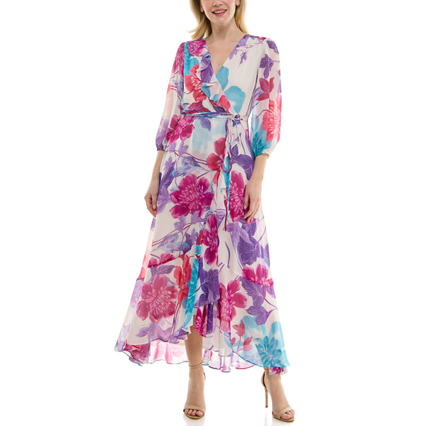 Gabby Skye MAISON TARA TRI-COLOR FLORAL PRINT MAXI DRESS IVORY/LAVENDER