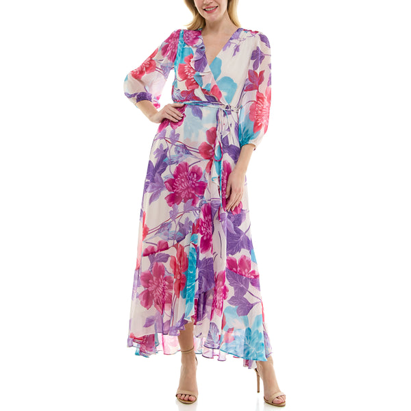 Gabby Skye MAISON TARA TRI-COLOR FLORAL PRINT MAXI DRESS IVORY/LAVENDER