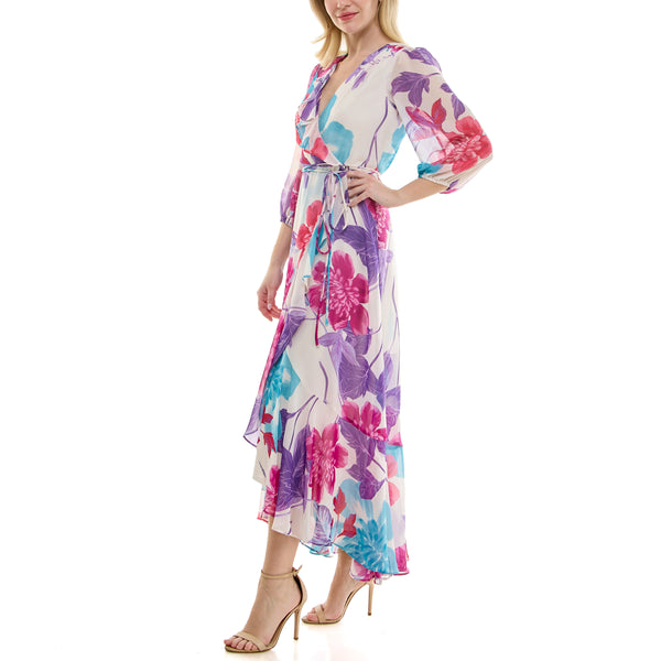 Gabby Skye MAISON TARA TRI-COLOR FLORAL PRINT MAXI DRESS IVORY/LAVENDER