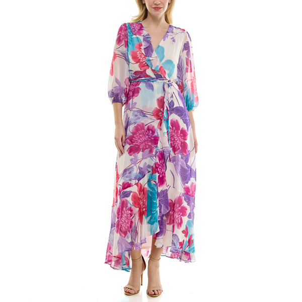 gabby skye MAISON TARA TRI-COLOR FLORAL PRINT MAXI DRESS IVORY/LAVENDER