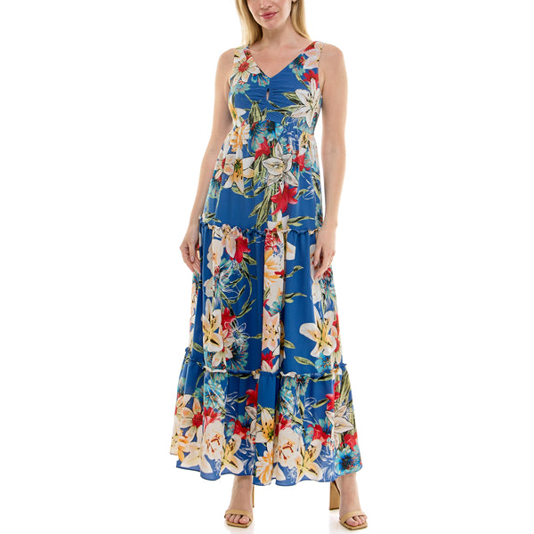 Gabby Skye MAISON TARA TROPICAL FLORAL PRINT CREPE KEYHOLE MAXI DRESS BLUE MULTI