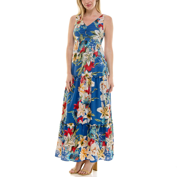 Gabby Skye MAISON TARA TROPICAL FLORAL PRINT CREPE KEYHOLE MAXI DRESS BLUE MULTI