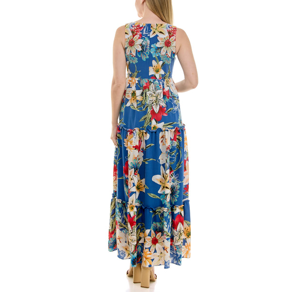 Gabby Skye MAISON TARA TROPICAL FLORAL PRINT CREPE KEYHOLE MAXI DRESS BLUE MULTI