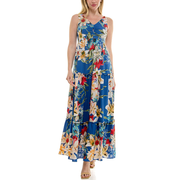gabby skye MAISON TARA TROPICAL FLORAL PRINT CREPE KEYHOLE MAXI DRESS BLUE MULTI