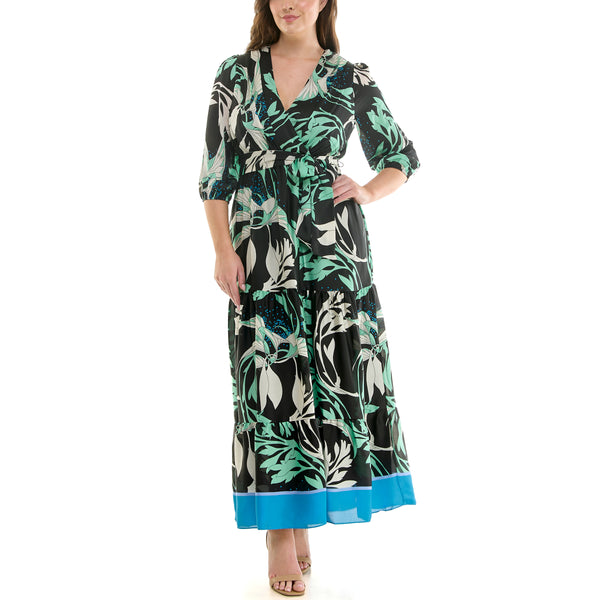 Gabby Skye MAISON TARA TROPICAL PRINT CONTRAST HEM CURVE MAXI DRESS FERN MULTI