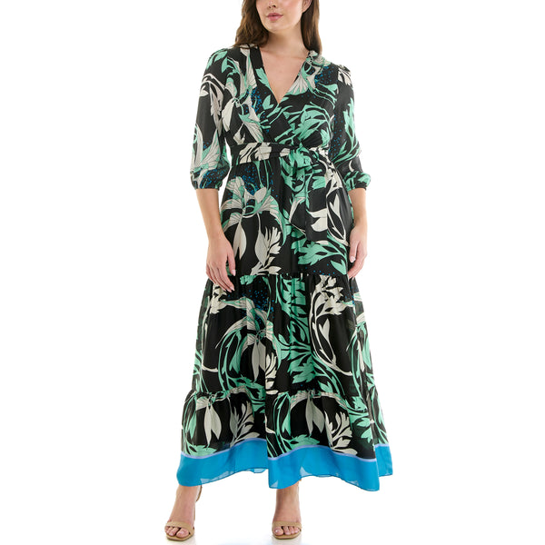 Gabby Skye MAISON TARA TROPICAL PRINT CONTRAST HEM CURVE MAXI DRESS FERN MULTI