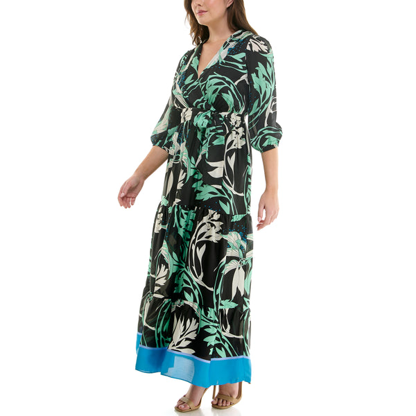 Gabby Skye MAISON TARA TROPICAL PRINT CONTRAST HEM CURVE MAXI DRESS FERN MULTI