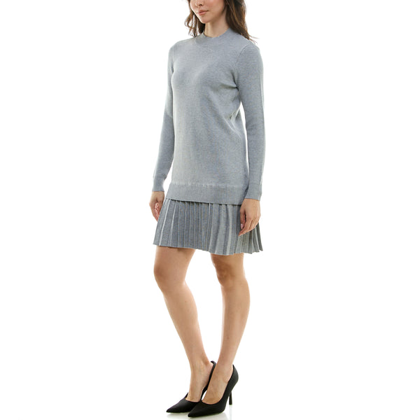 Gabby Skye MAISON TARA TWO PIECE PLEATED KNIT TUNIC MINI SKATER DRESS LIGHT HEATHER GREY