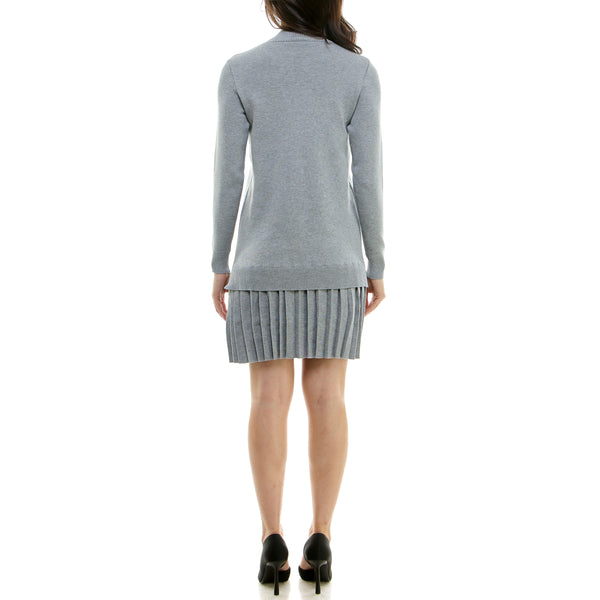 Gabby Skye MAISON TARA TWO PIECE PLEATED KNIT TUNIC MINI SKATER DRESS LIGHT HEATHER GREY