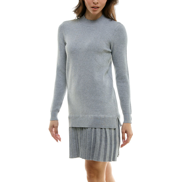 Gabby Skye MAISON TARA TWO PIECE PLEATED KNIT TUNIC MINI SKATER DRESS LIGHT HEATHER GREY