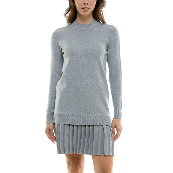 gabby skye MAISON TARA TWO PIECE PLEATED KNIT TUNIC MINI SKATER DRESS LIGHT HEATHER GREY