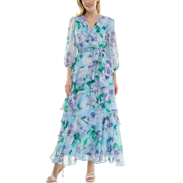 Gabby Skye MAISON TARA TWO TONE FLORAL PRINT FAUX WRAP MAXI DRESS POWDER/LAVENDER