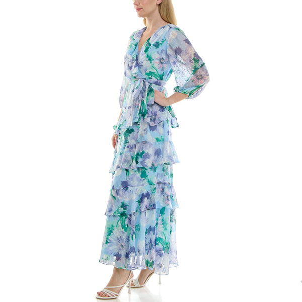 Gabby Skye MAISON TARA TWO TONE FLORAL PRINT FAUX WRAP MAXI DRESS POWDER/LAVENDER