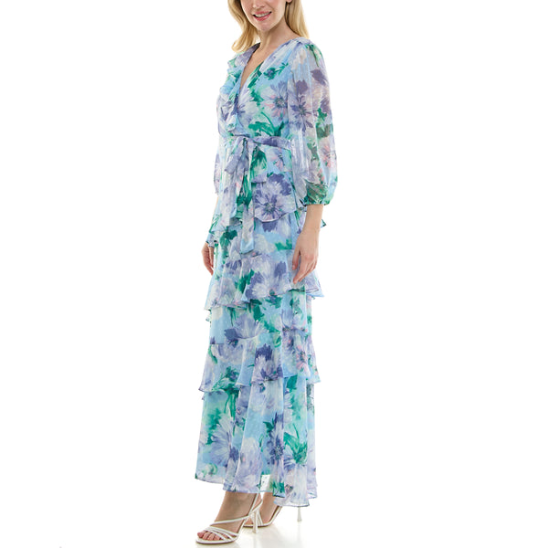 Gabby Skye MAISON TARA TWO TONE FLORAL PRINT FAUX WRAP MAXI DRESS POWDER/LAVENDER