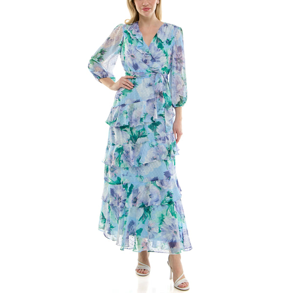 gabby skye MAISON TARA TWO TONE FLORAL PRINT FAUX WRAP MAXI DRESS POWDER/LAVENDER