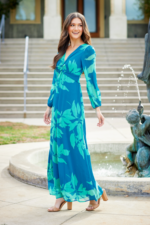 Gabby Skye MAISON TARA TWO TONE TROPICAL LEAF PRINT MAXI DRESS TURQ/GREEN