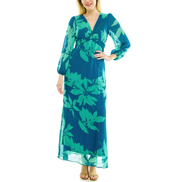 Gabby Skye MAISON TARA TWO TONE TROPICAL LEAF PRINT MAXI DRESS TURQ/GREEN