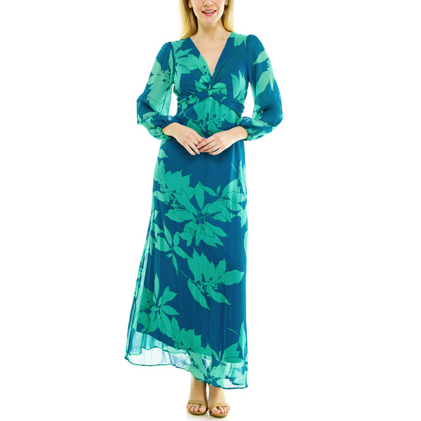 Gabby Skye MAISON TARA TWO TONE TROPICAL LEAF PRINT MAXI DRESS TURQ/GREEN