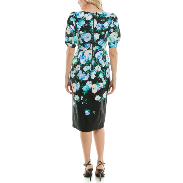 Gabby Skye MAISON TARA UNLINED COOL FLORAL PRINT COLUMN DRESS - EXCHANGES ONLY BLACK/SKY