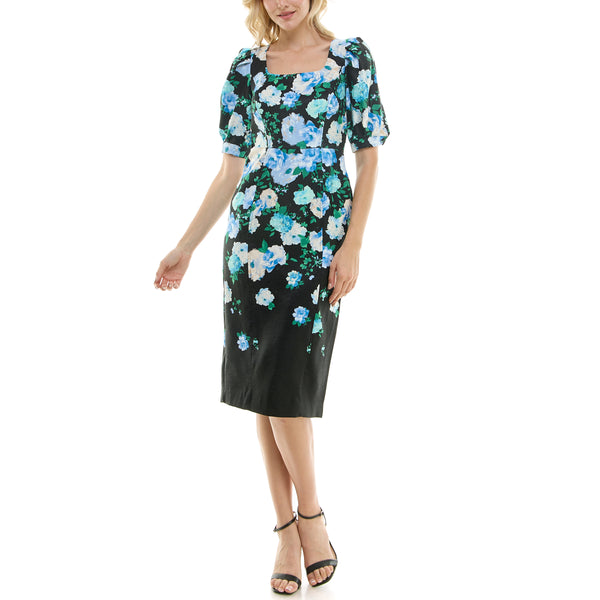 Gabby Skye MAISON TARA UNLINED COOL FLORAL PRINT COLUMN DRESS - EXCHANGES ONLY BLACK/SKY
