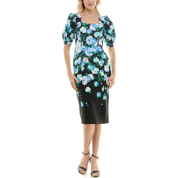 gabby skye MAISON TARA UNLINED COOL FLORAL PRINT COLUMN DRESS - EXCHANGES ONLY BLACK/SKY
