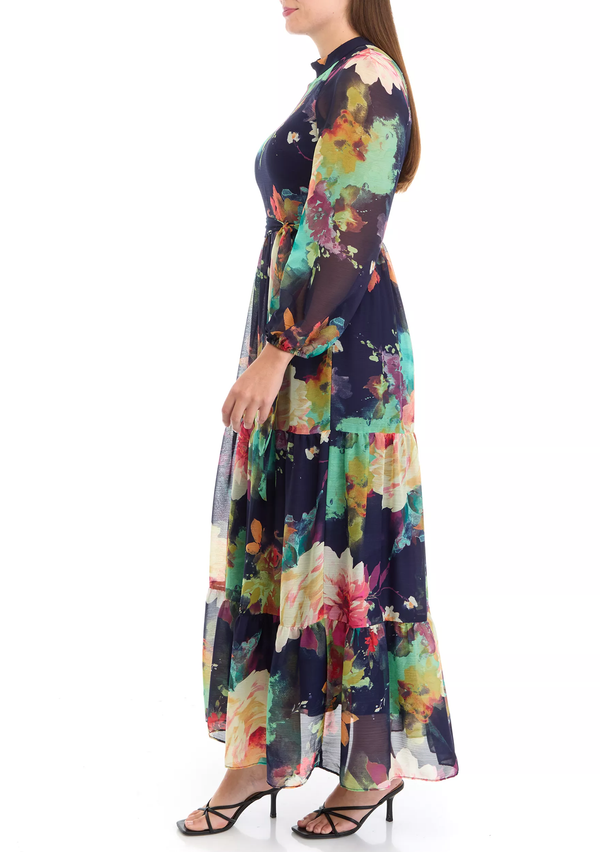 Gabby Skye MAISON TARA WATERCOLOR FLORAL PRINT LONG SLEEVE MOCK NECK TIERED MAXI DRESS NAVY/MULTI