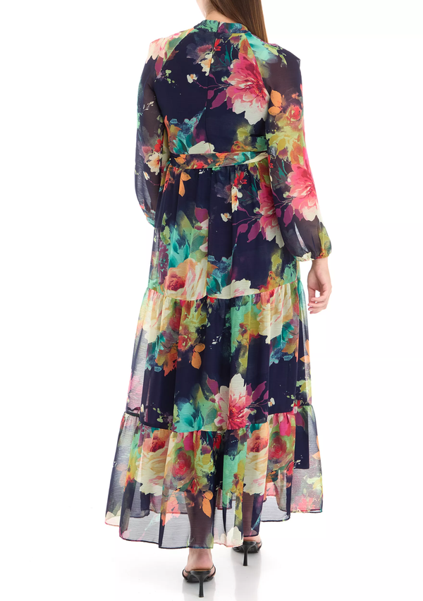 Gabby Skye MAISON TARA WATERCOLOR FLORAL PRINT LONG SLEEVE MOCK NECK TIERED MAXI DRESS NAVY/MULTI