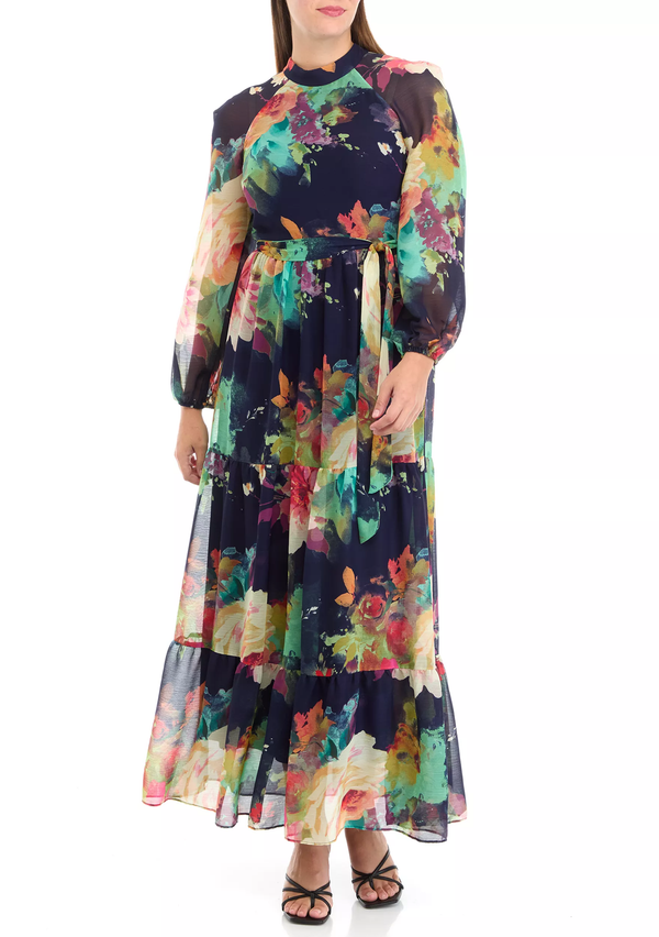 gabby skye MAISON TARA WATERCOLOR FLORAL PRINT LONG SLEEVE MOCK NECK TIERED MAXI DRESS NAVY/MULTI