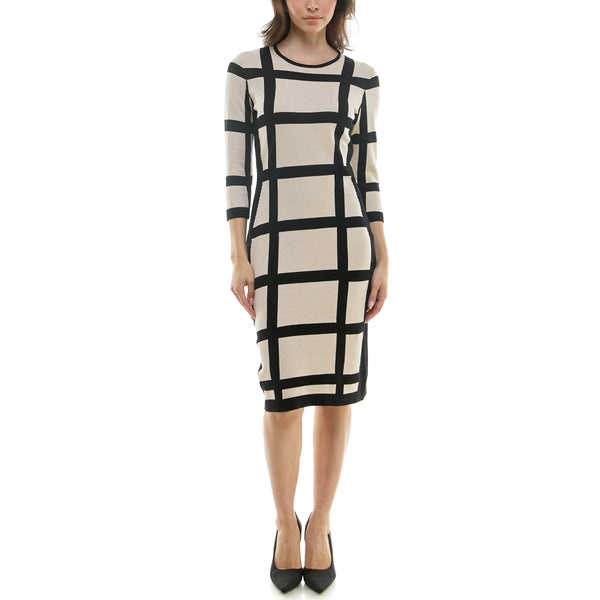Gabby Skye MAISON TARA WINDOWPANE PRINT MIDI SWEATER DRESS BEIGE/BLACK