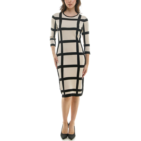 Gabby Skye MAISON TARA WINDOWPANE PRINT MIDI SWEATER DRESS BEIGE/BLACK