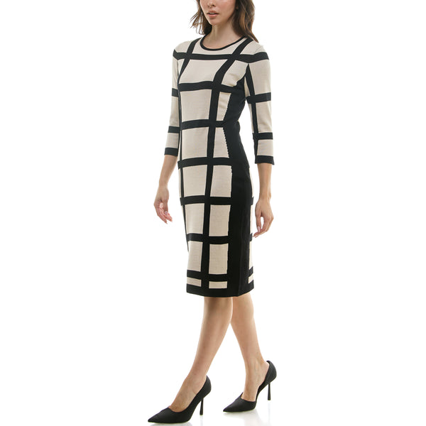 Gabby Skye MAISON TARA WINDOWPANE PRINT MIDI SWEATER DRESS BEIGE/BLACK