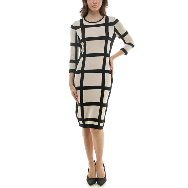 gabby skye MAISON TARA WINDOWPANE PRINT MIDI SWEATER DRESS BEIGE/BLACK