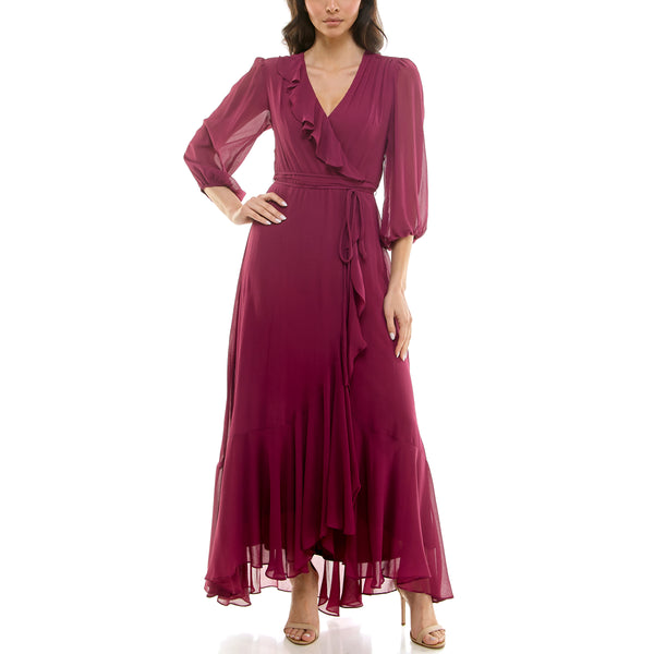 Gabby Skye MAISON TARA YORYU SHEER SLEEVED CHIFFON MAXI WRAP DRESS SANGRIA