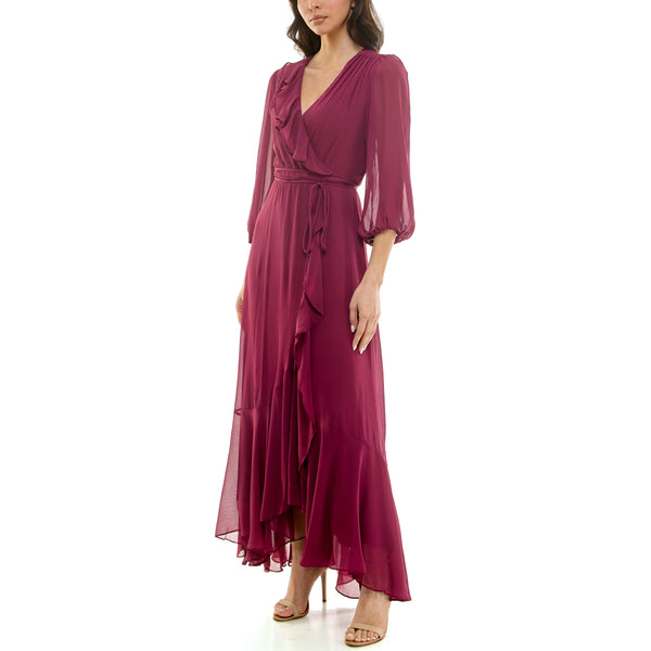 Gabby Skye MAISON TARA YORYU SHEER SLEEVED CHIFFON MAXI WRAP DRESS SANGRIA