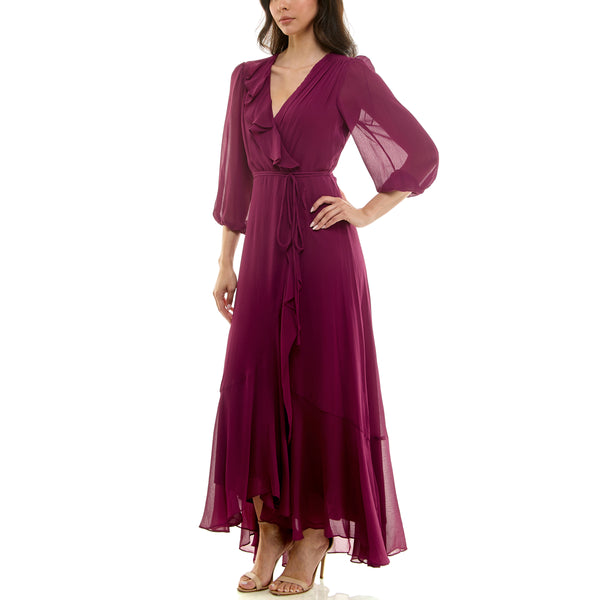 Gabby Skye MAISON TARA YORYU SHEER SLEEVED CHIFFON MAXI WRAP DRESS SANGRIA