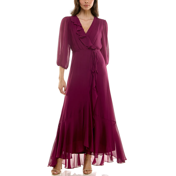 gabby skye MAISON TARA YORYU SHEER SLEEVED CHIFFON MAXI WRAP DRESS SANGRIA