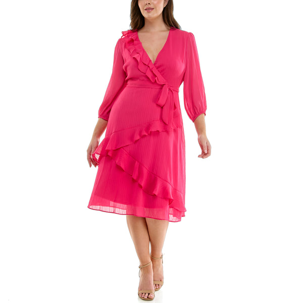 gabby skye MAISON TARA ZIG ZAG RUFFLE CHIFFON MIDI DRESS HOT PINK