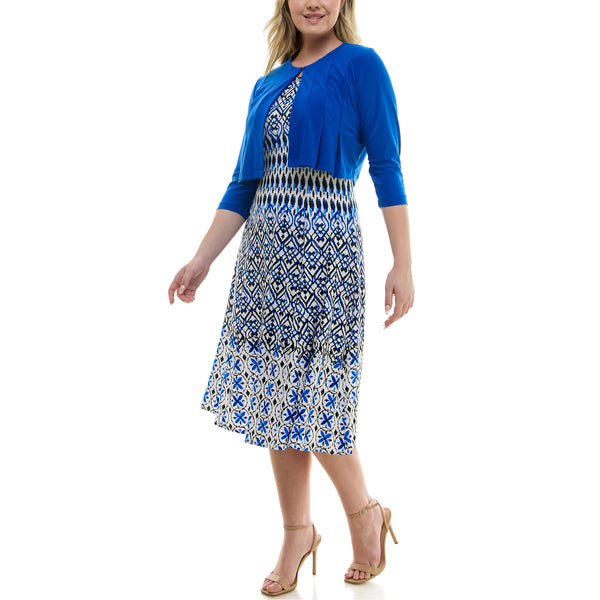 Gabby Skye ONE BUTTON CONTRAST PATTERNED JACKET DRESS SET - EXCHANGES ONLY COBALT/IVORY/BLACK