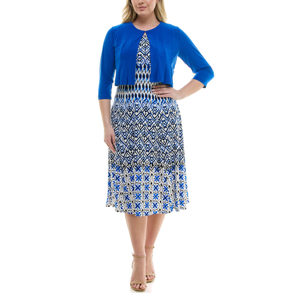 gabby skye ONE BUTTON CONTRAST PATTERNED JACKET DRESS SET - EXCHANGES ONLY COBALT/IVORY/BLACK