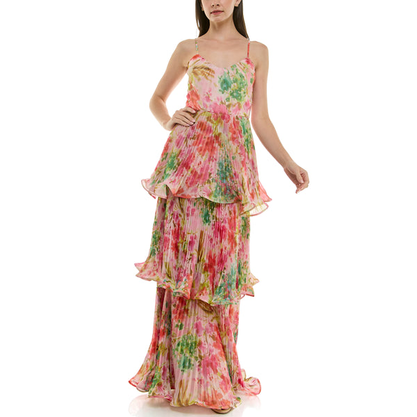 Gabby Skye TAYLOR ACCORDION TIERED MULTICOLOR FLORAL PRINTED GOWN PINK CARNATION