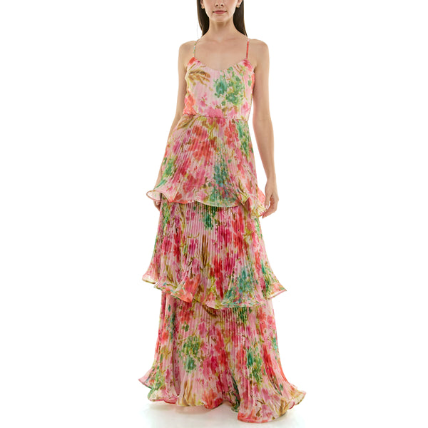 Gabby Skye TAYLOR ACCORDION TIERED MULTICOLOR FLORAL PRINTED GOWN PINK CARNATION