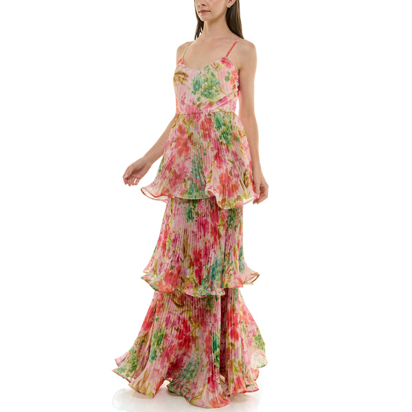 Gabby Skye TAYLOR ACCORDION TIERED MULTICOLOR FLORAL PRINTED GOWN PINK CARNATION