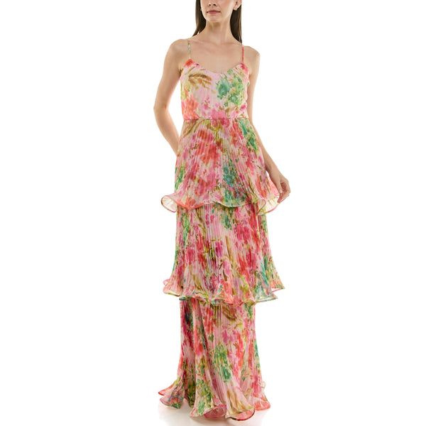 gabby skye TAYLOR ACCORDION TIERED MULTICOLOR FLORAL PRINTED GOWN PINK CARNATION