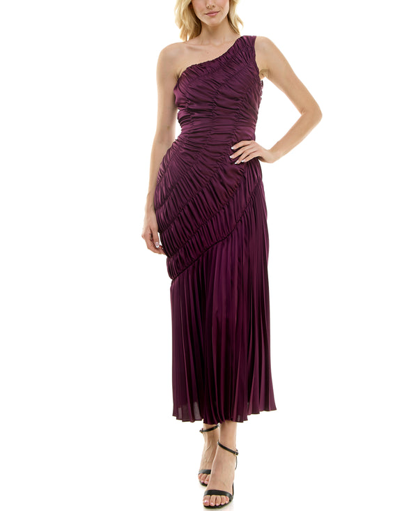 gabby skye TAYLOR ASYMMETRICAL RUCHED PLEATED ONE SHOULDER GOWN - EXCHANGES ONLY PLUM