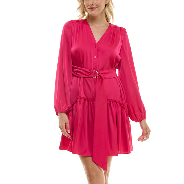 Gabby Skye TAYLOR BELTED SMOCKED SATIN MINI DRESS NAVY