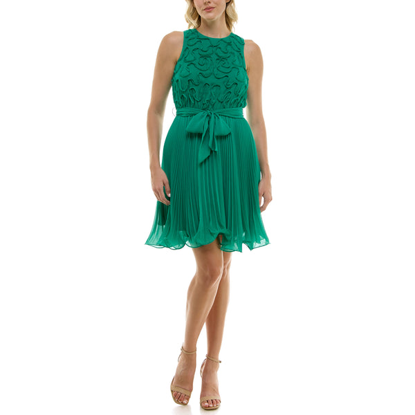 gabby skye TAYLOR EMBROIDERED BODICE PLEATED MINI DRESS JADE